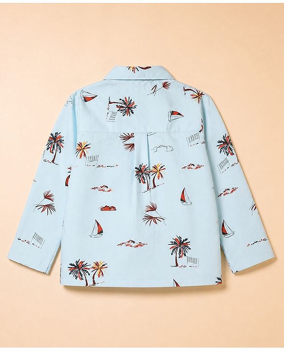 Babyhug 100% Cotton Knit Full Sleeves Co-Ords Shirt & Pyjama Night Suit with Beach Theme Print - Sea Green