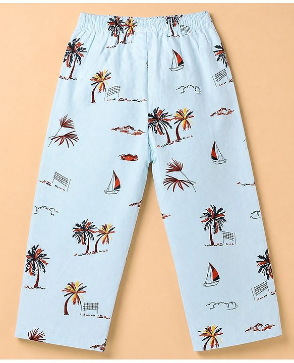 Babyhug 100% Cotton Knit Full Sleeves Co-Ords Shirt & Pyjama Night Suit with Beach Theme Print - Sea Green