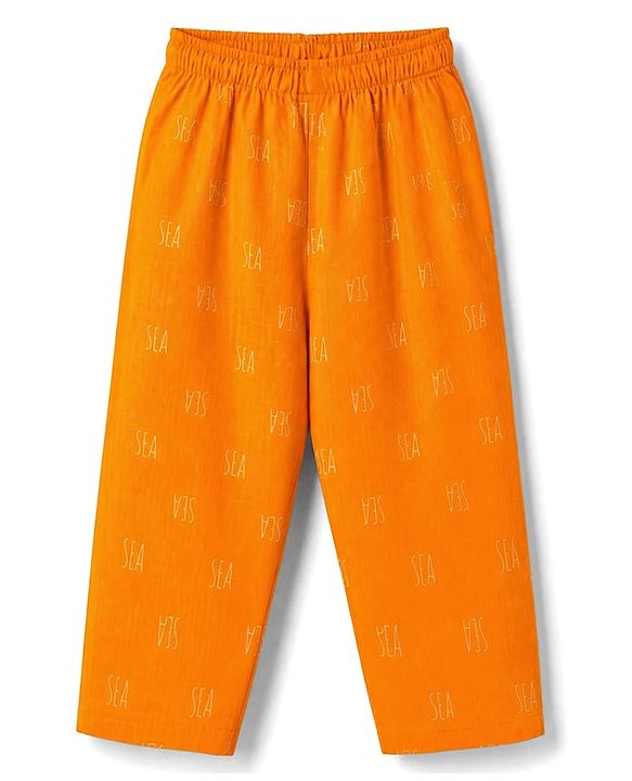 Babyhug 100% Cotton Woven Full Sleeves Front Open Shirt & Pyjama Nightsuit with Sea Text Print - Orange