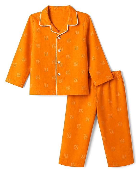 Babyhug 100% Cotton Woven Full Sleeves Front Open Shirt & Pyjama Nightsuit with Sea Text Print - Orange