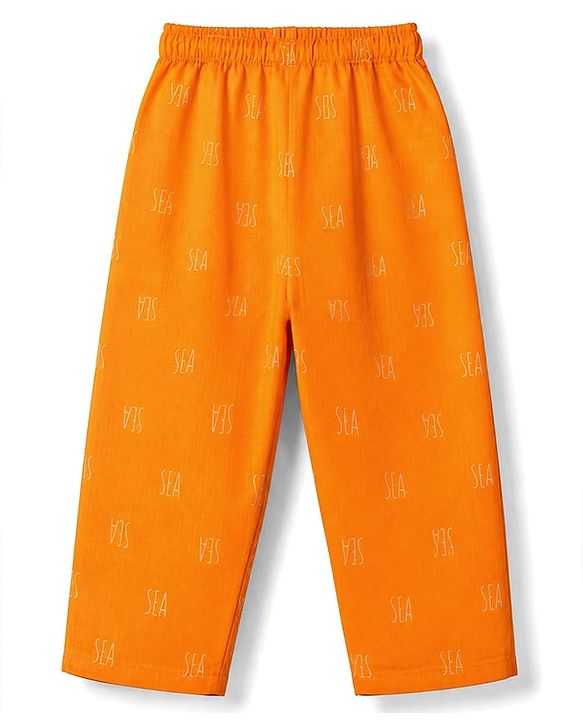 Babyhug 100% Cotton Woven Full Sleeves Front Open Shirt & Pyjama Nightsuit with Sea Text Print - Orange