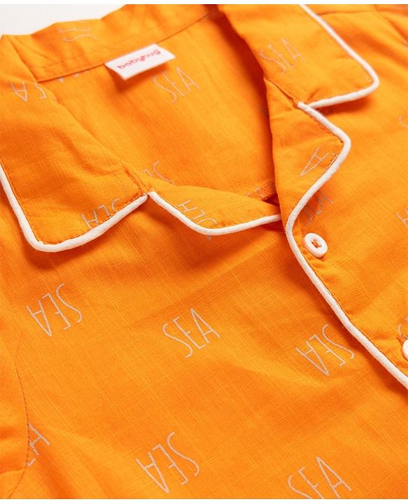 Babyhug 100% Cotton Woven Full Sleeves Front Open Shirt & Pyjama Nightsuit with Sea Text Print - Orange