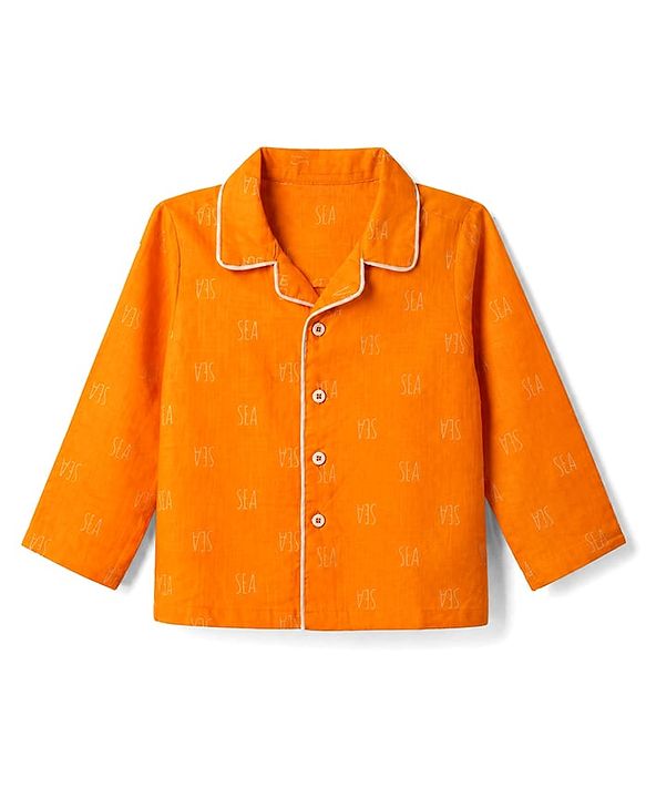 Babyhug 100% Cotton Woven Full Sleeves Front Open Shirt & Pyjama Nightsuit with Sea Text Print - Orange
