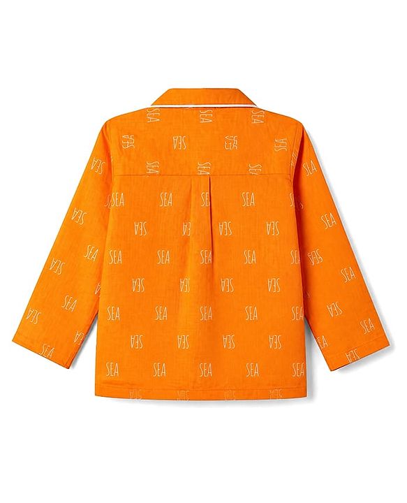 Babyhug 100% Cotton Woven Full Sleeves Front Open Shirt & Pyjama Nightsuit with Sea Text Print - Orange