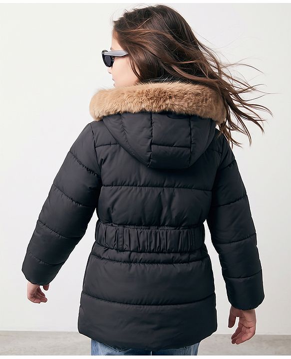 Pine Kids Woven Full Sleeves SolidHooded Padded Quilted Winter Jacket - Black