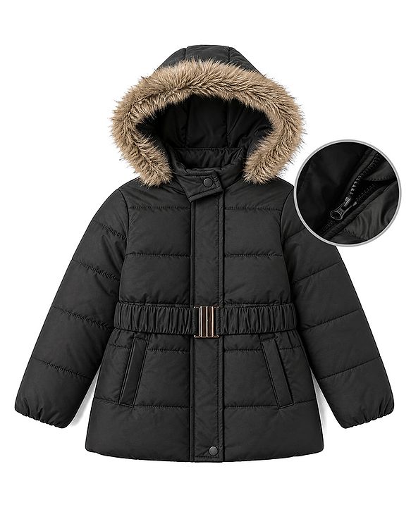 Pine Kids Woven Full Sleeves SolidHooded Padded Quilted Winter Jacket - Black