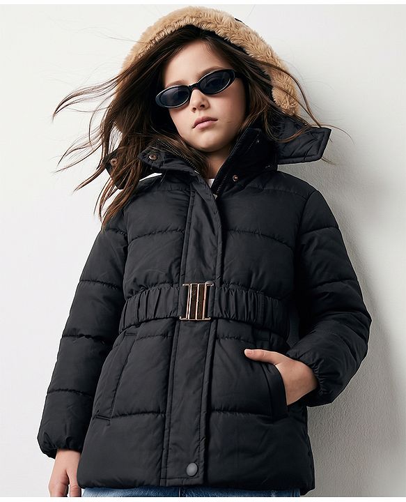 Pine Kids Woven Full Sleeves SolidHooded Padded Quilted Winter Jacket - Black