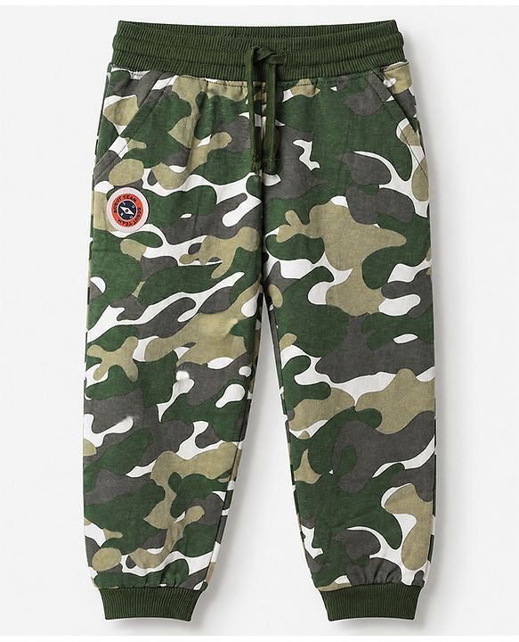 Babyhug Cotton Looper Knit Full Length Track Pant With Camouflage Print - Olive Green