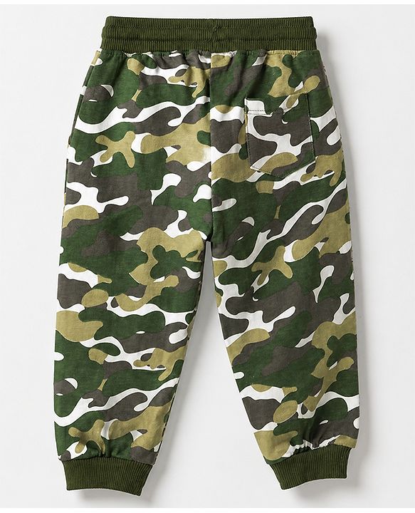 Babyhug Cotton Looper Knit Full Length Track Pant With Camouflage Print - Olive Green