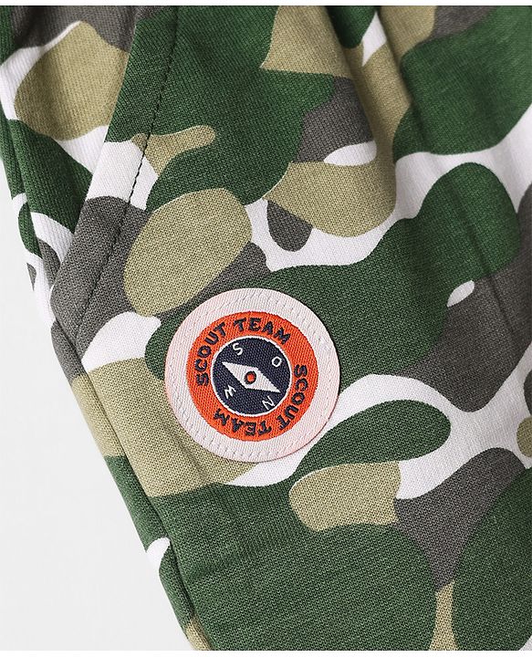 Babyhug Cotton Looper Knit Full Length Track Pant With Camouflage Print - Olive Green