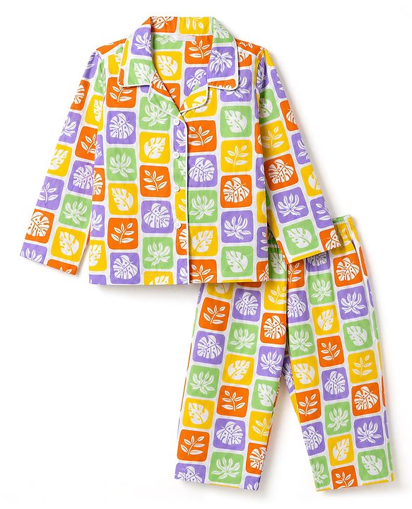 Babyhug 100% Cotton Knit Full Sleeves Co-Ords Shirt & Pyjama Night Suit with Leaves Print - Yellow