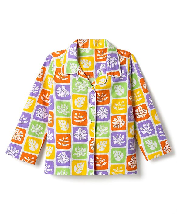Babyhug 100% Cotton Knit Full Sleeves Co-Ords Shirt & Pyjama Night Suit with Leaves Print - Yellow