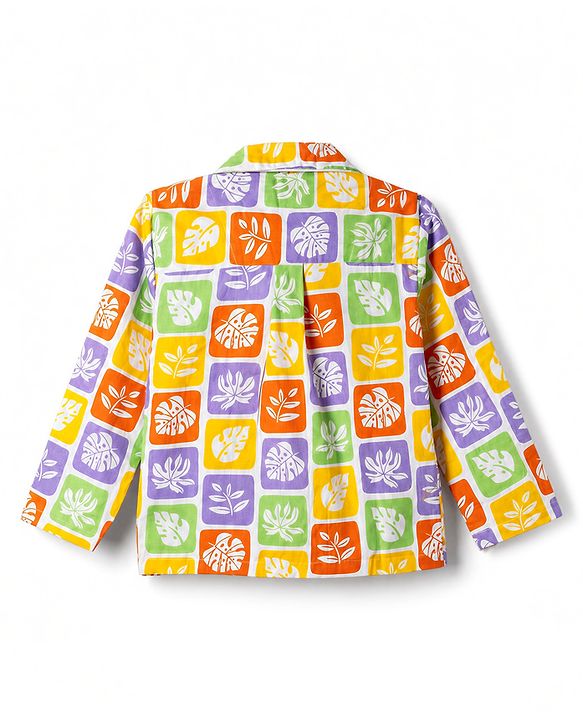 Babyhug 100% Cotton Knit Full Sleeves Co-Ords Shirt & Pyjama Night Suit with Leaves Print - Yellow