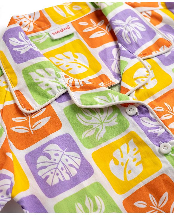 Babyhug 100% Cotton Knit Full Sleeves Co-Ords Shirt & Pyjama Night Suit with Leaves Print - Yellow