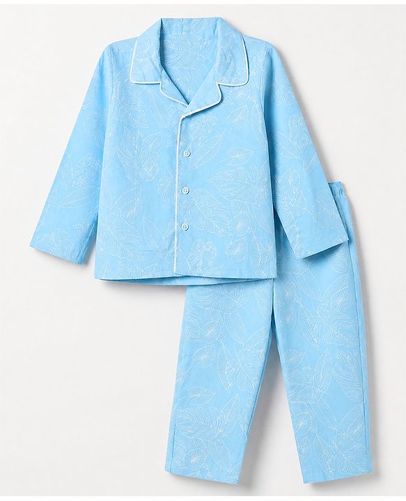 Babyhug 100% Cotton Knit Full Sleeves Co-Ords Shirt & Pyjama Night Suit with Leaves Print - Sky Blue