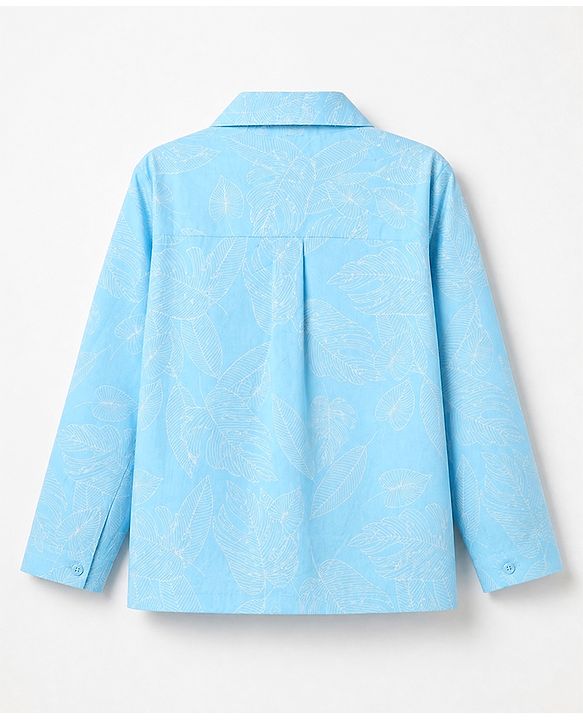 Babyhug 100% Cotton Knit Full Sleeves Co-Ords Shirt & Pyjama Night Suit with Leaves Print - Sky Blue