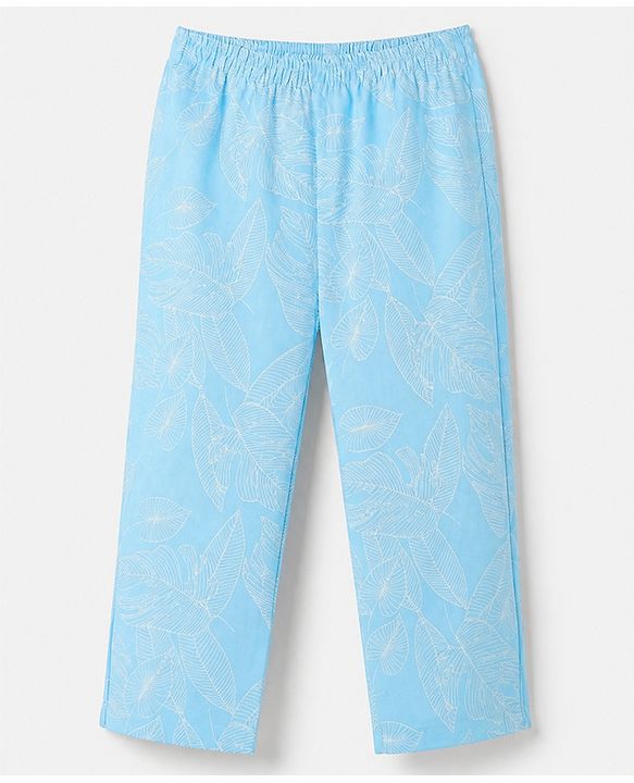 Babyhug 100% Cotton Knit Full Sleeves Co-Ords Shirt & Pyjama Night Suit with Leaves Print - Sky Blue