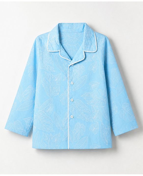 Babyhug 100% Cotton Knit Full Sleeves Co-Ords Shirt & Pyjama Night Suit with Leaves Print - Sky Blue