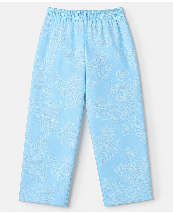 Babyhug 100% Cotton Knit Full Sleeves Co-Ords Shirt & Pyjama Night Suit with Leaves Print - Sky Blue