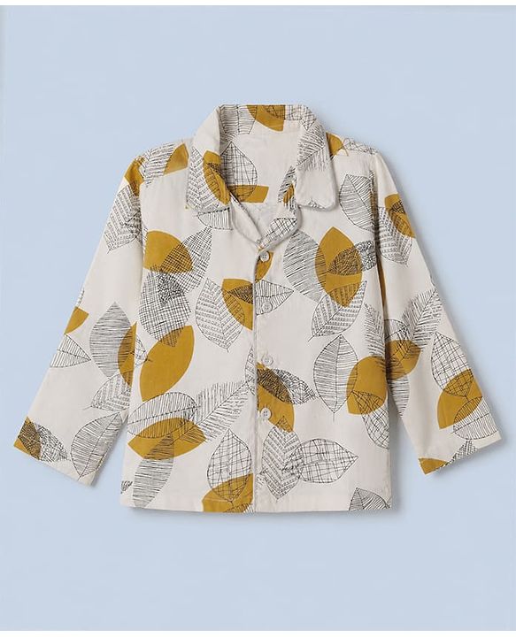 Babyhug Cotton Knit Full Sleeves Front Open Shirt & Pyjama Co-Ords Night Suit With Leaf Print - White