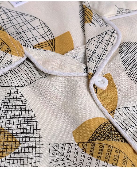 Babyhug Cotton Knit Full Sleeves Front Open Shirt & Pyjama Co-Ords Night Suit With Leaf Print - White