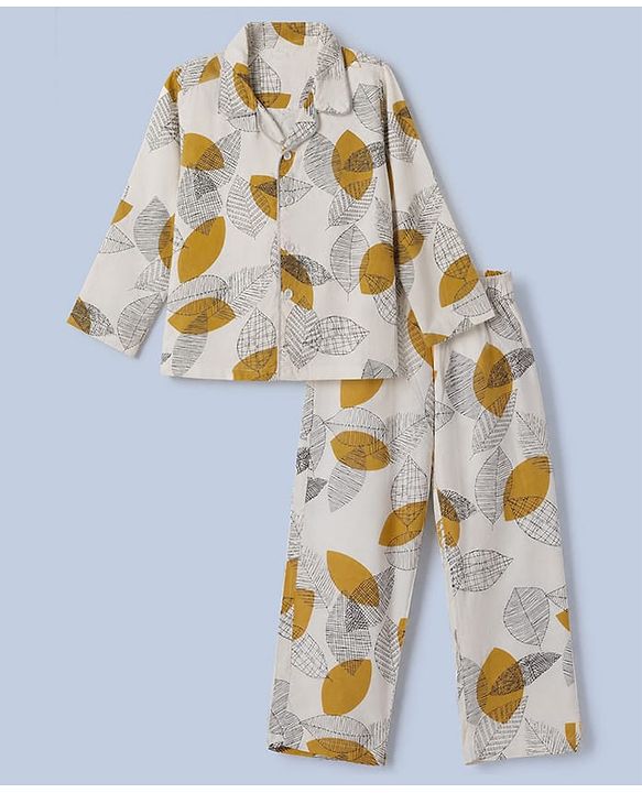 Babyhug Cotton Knit Full Sleeves Front Open Shirt & Pyjama Co-Ords Night Suit With Leaf Print - White