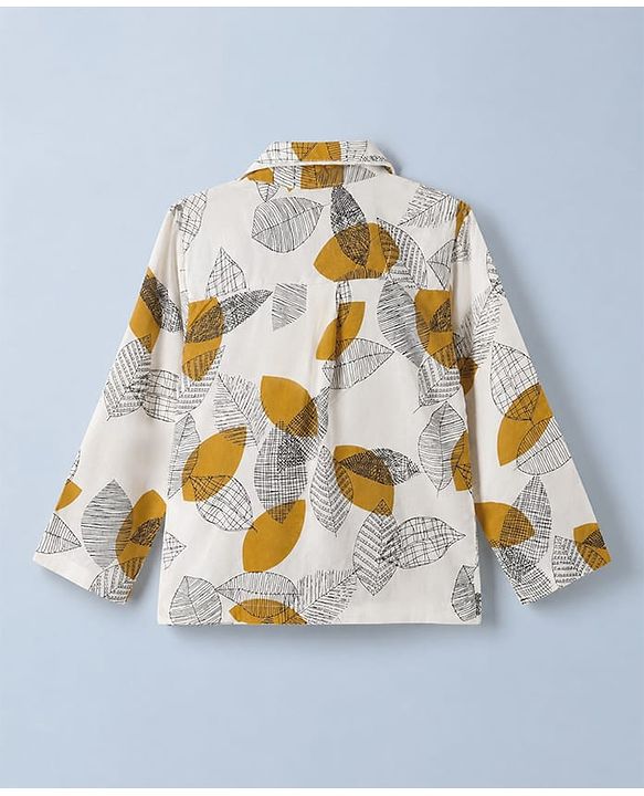 Babyhug Cotton Knit Full Sleeves Front Open Shirt & Pyjama Co-Ords Night Suit With Leaf Print - White