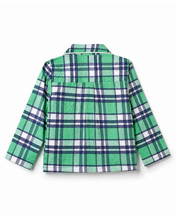 Babyhug 100% Cotton Knit Full Sleeves Checks Co-Ords Shirt & Pyjama Night Suit - Green