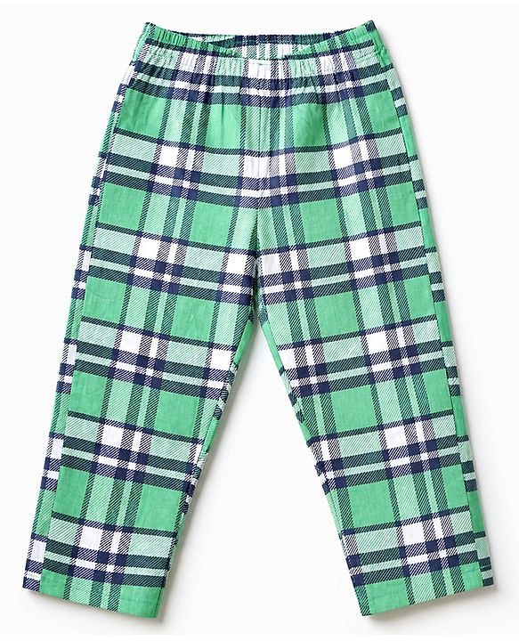Babyhug 100% Cotton Knit Full Sleeves Checks Co-Ords Shirt & Pyjama Night Suit - Green