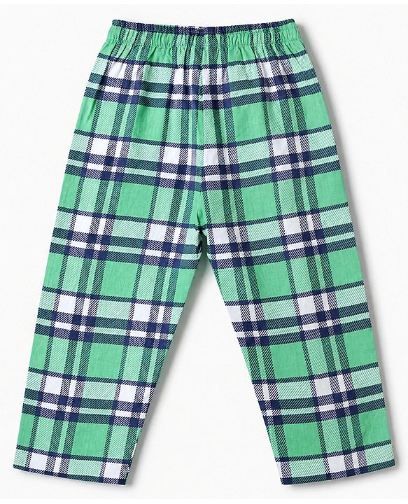 Babyhug 100% Cotton Knit Full Sleeves Checks Co-Ords Shirt & Pyjama Night Suit - Green