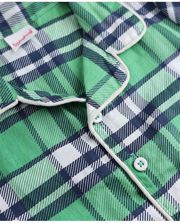 Babyhug 100% Cotton Knit Full Sleeves Checks Co-Ords Shirt & Pyjama Night Suit - Green