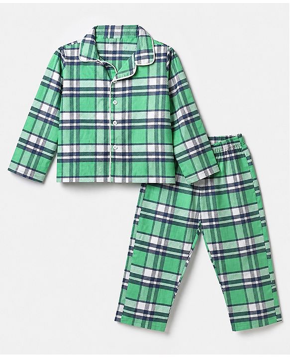 Babyhug 100% Cotton Knit Full Sleeves Checks Co-Ords Shirt & Pyjama Night Suit - Green