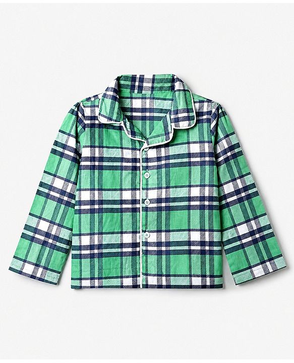 Babyhug 100% Cotton Knit Full Sleeves Checks Co-Ords Shirt & Pyjama Night Suit - Green