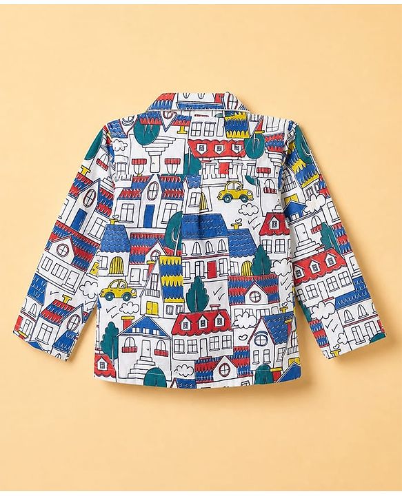 Babyhug Cotton Knit Full Sleeves Front Open Printed Shirt & Pyjama Co-Ords Night Suit - White