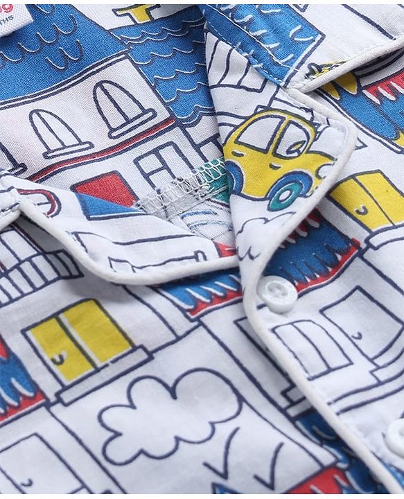 Babyhug Cotton Knit Full Sleeves Front Open Printed Shirt & Pyjama Co-Ords Night Suit - White