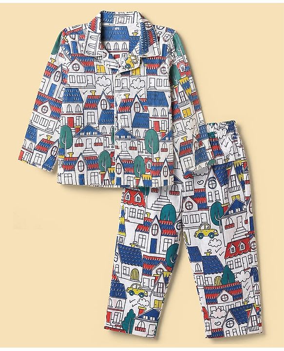Babyhug Cotton Knit Full Sleeves Front Open Printed Shirt & Pyjama Co-Ords Night Suit - White