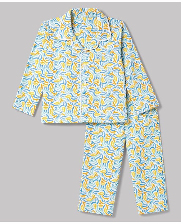 Babyhug 100% Cotton Knit Full Sleeves Co-Ords Shirt & Pyjama Night Suit with Abstract print - Sky Blue