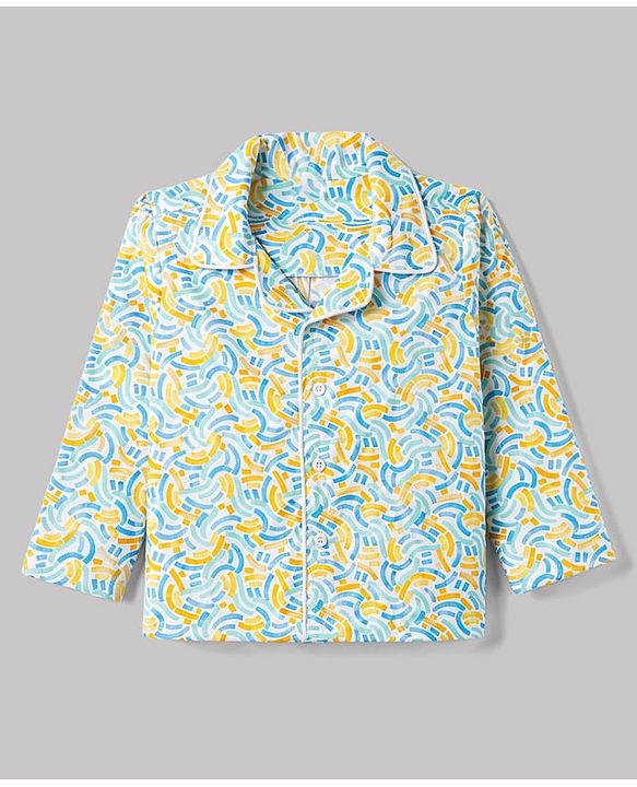 Babyhug 100% Cotton Knit Full Sleeves Co-Ords Shirt & Pyjama Night Suit with Abstract print - Sky Blue
