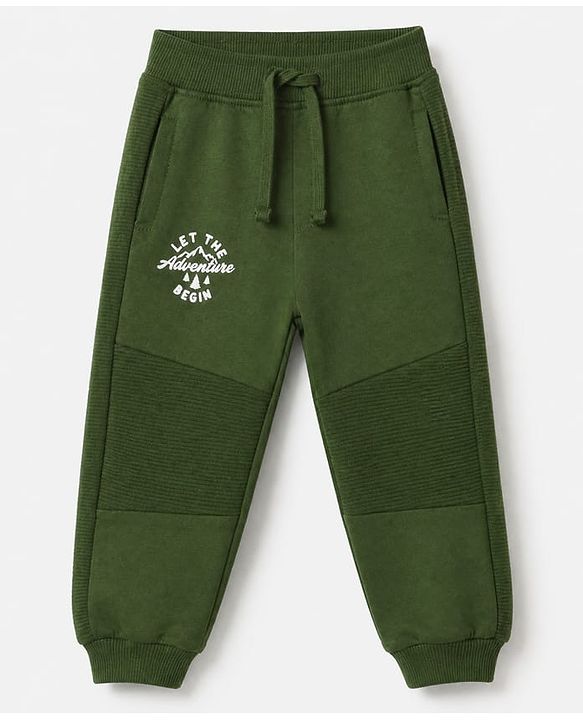 Babyhug Cotton Looper Knit Full Length Lounge Pant With Text Print - Olive Green