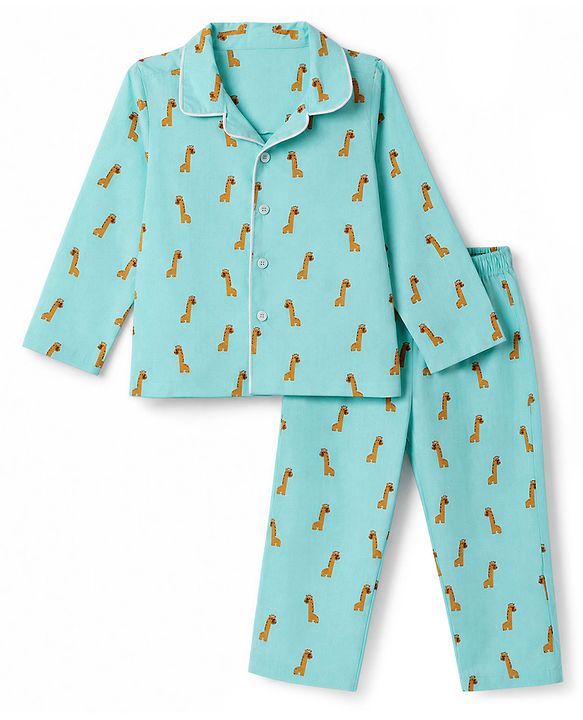 Babyhug 100% Cotton Knit Full Sleeves Co-Ords Shirt & Pyjama Night Suit with Giraffe Print - Turquoise