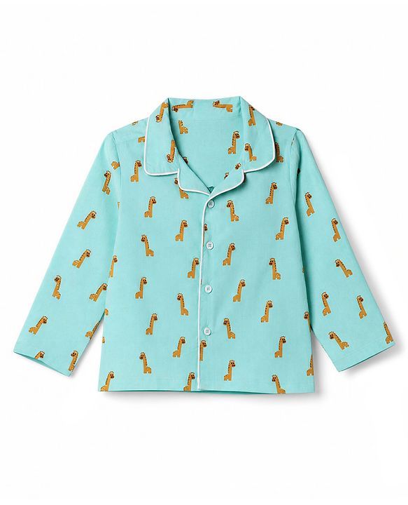 Babyhug 100% Cotton Knit Full Sleeves Co-Ords Shirt & Pyjama Night Suit with Giraffe Print - Turquoise