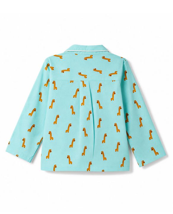 Babyhug 100% Cotton Knit Full Sleeves Co-Ords Shirt & Pyjama Night Suit with Giraffe Print - Turquoise
