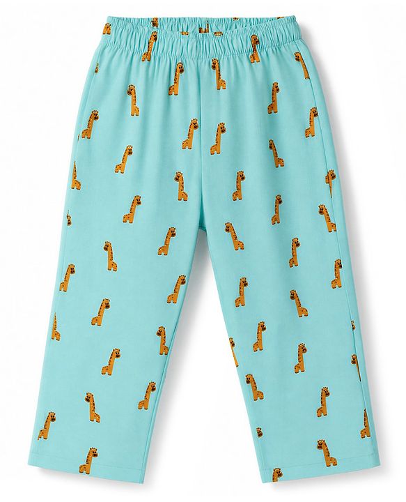 Babyhug 100% Cotton Knit Full Sleeves Co-Ords Shirt & Pyjama Night Suit with Giraffe Print - Turquoise