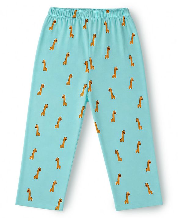 Babyhug 100% Cotton Knit Full Sleeves Co-Ords Shirt & Pyjama Night Suit with Giraffe Print - Turquoise