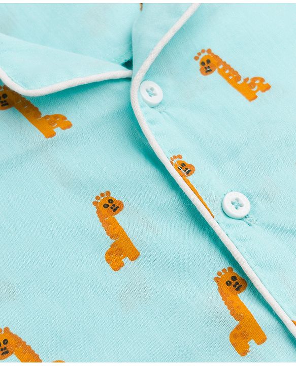 Babyhug 100% Cotton Knit Full Sleeves Co-Ords Shirt & Pyjama Night Suit with Giraffe Print - Turquoise
