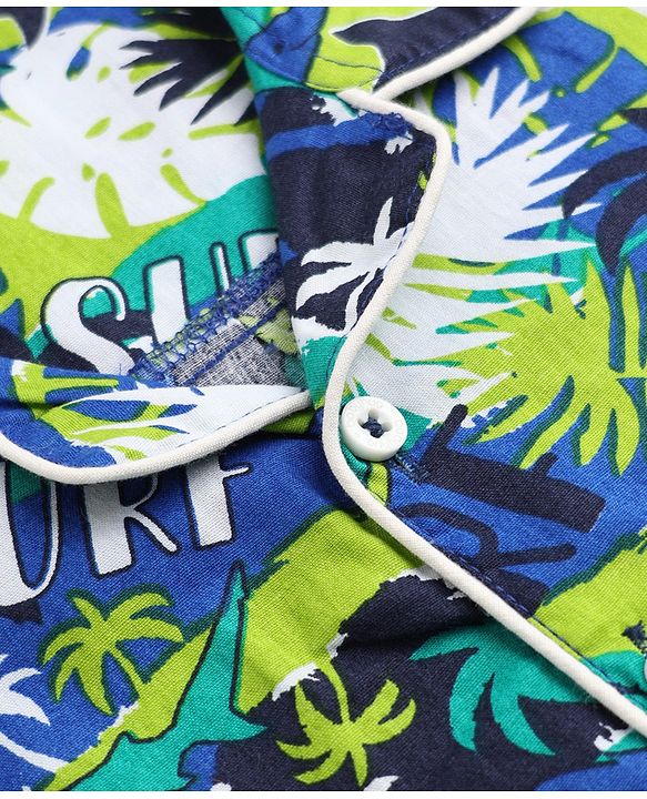 Babyhug 100% Cotton Knit Full Sleeves Co-Ords Shirt & Pyjama Night Suit with Shark & Tropical Theme Print - Navy Blue
