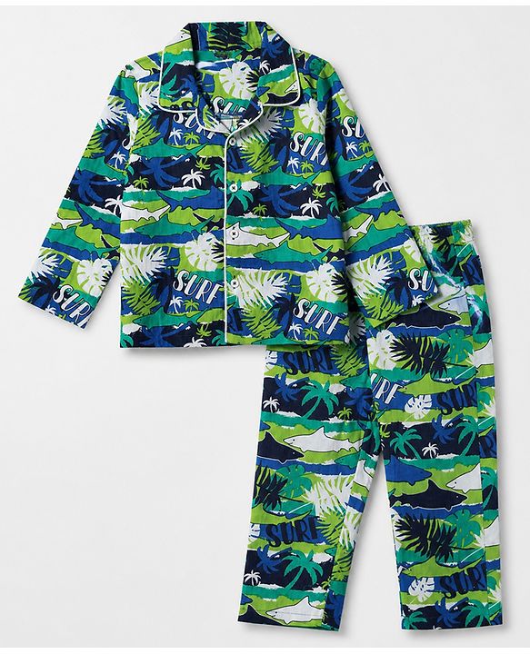 Babyhug 100% Cotton Knit Full Sleeves Co-Ords Shirt & Pyjama Night Suit with Shark & Tropical Theme Print - Navy Blue
