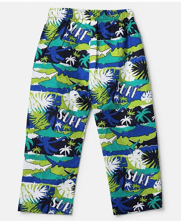 Babyhug 100% Cotton Knit Full Sleeves Co-Ords Shirt & Pyjama Night Suit with Shark & Tropical Theme Print - Navy Blue