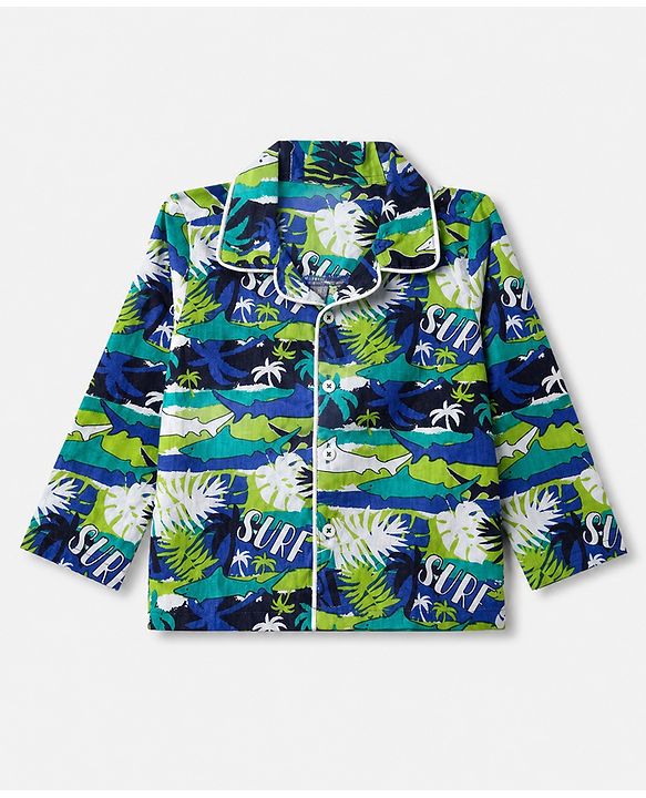 Babyhug 100% Cotton Knit Full Sleeves Co-Ords Shirt & Pyjama Night Suit with Shark & Tropical Theme Print - Navy Blue