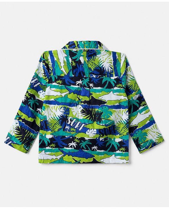 Babyhug 100% Cotton Knit Full Sleeves Co-Ords Shirt & Pyjama Night Suit with Shark & Tropical Theme Print - Navy Blue